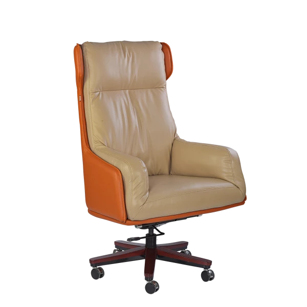 Luxury Executive Office Chair - Beige & Orange with Wooden Base