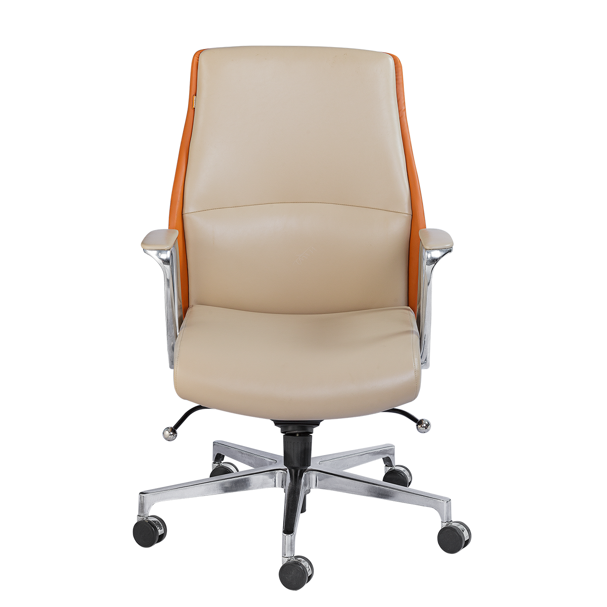 Executive Office Chair - Beige Leather with Orange Wood Trim & Chrome